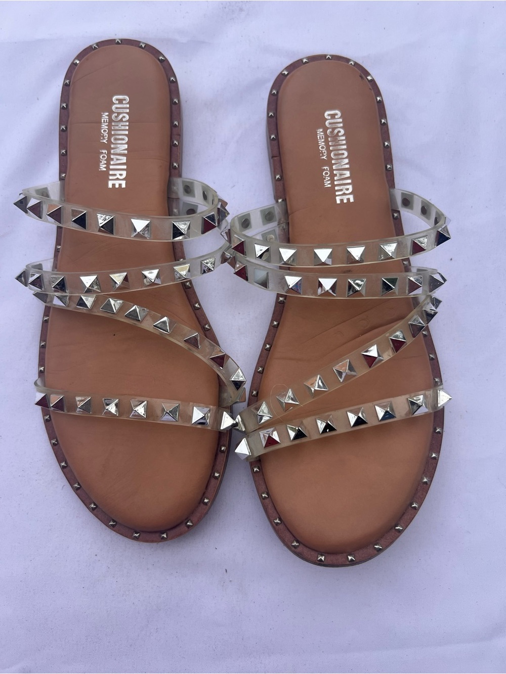 Cushionaire Clear Studded Strappy Slide Sandals - Tan Footbed